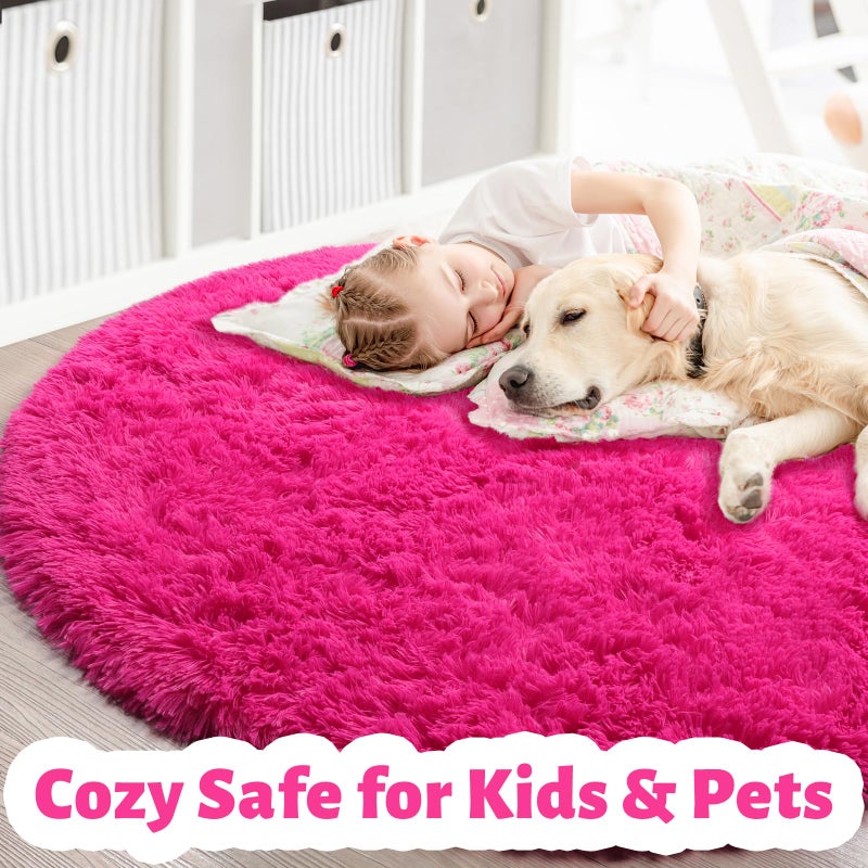 Amdrebio Hot Pink Round Rugs 5Ft for Girls Bedroom, Fluffy Circle Area Rug for Kids Room Decor Aesthetic, Shag Plush Fuzzy Furry Carpet for Living Room, Nursery, Dorm, Classroom, Teen, Cute Princess Baby Rug - Image 2